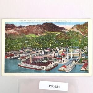 Vintage Honolulu Harbor Hawaii Linen Postcard, 1940s Aerial View Cruise Ships